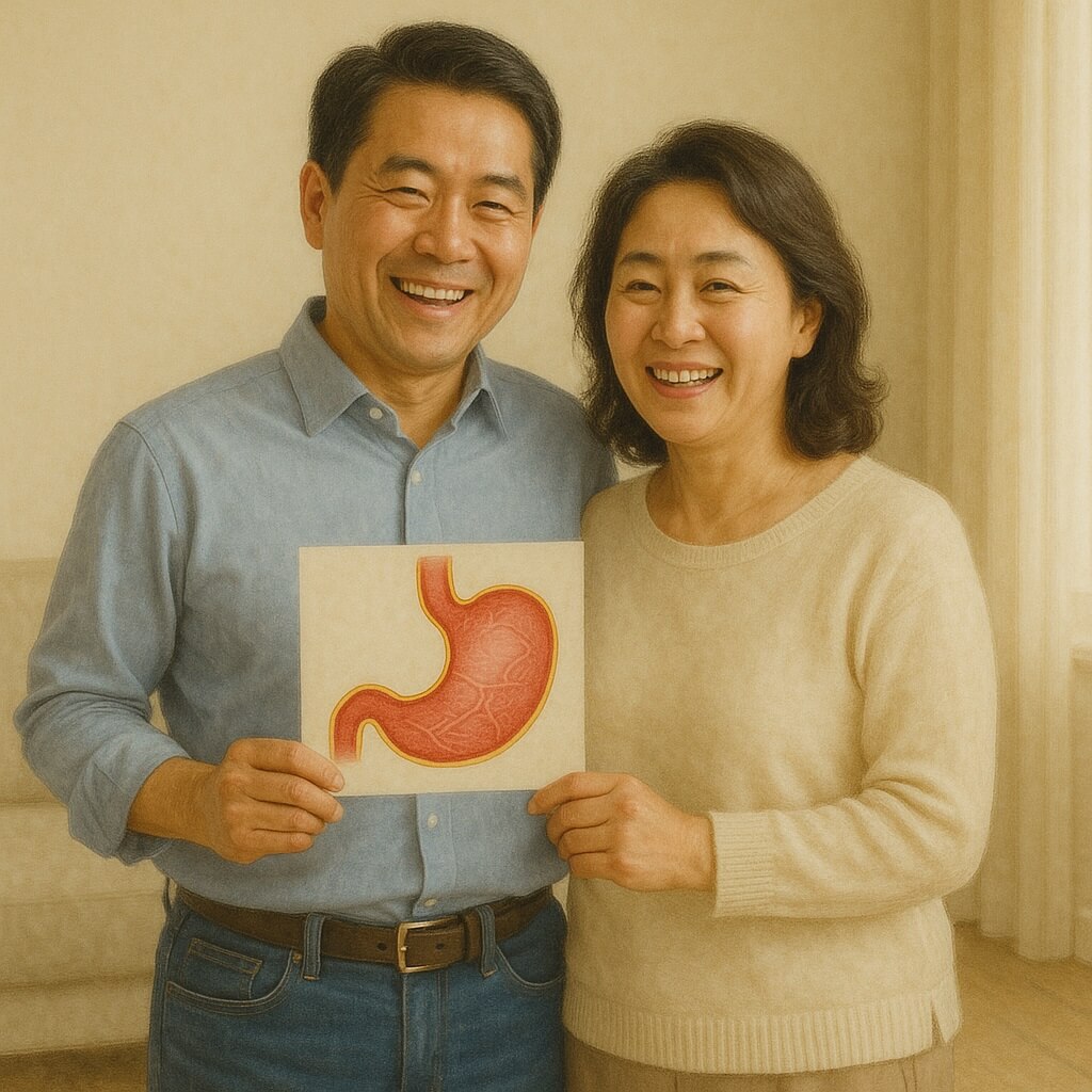 건강한 위장을 상징하는 그림을 들고 행복하게 웃고 있는 50대 한국 중년 부부. 중년의 위 건강과 올바른 식습관의 중요성을 보여주는 장면
