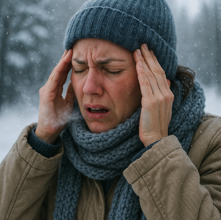 추위에 생긴 두통에 고통받는 사람 사진