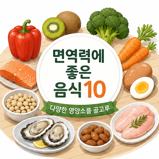 빨간 파프리카, 키위, 브로콜리, 당근, 연어, 달걀, 굴, 콩, 아몬드, 닭고기 등 면역 기능에 필요한 여러 영양소를 섭취할 수 있는 음식 10가지를 한 식탁에 보여 주는 그림