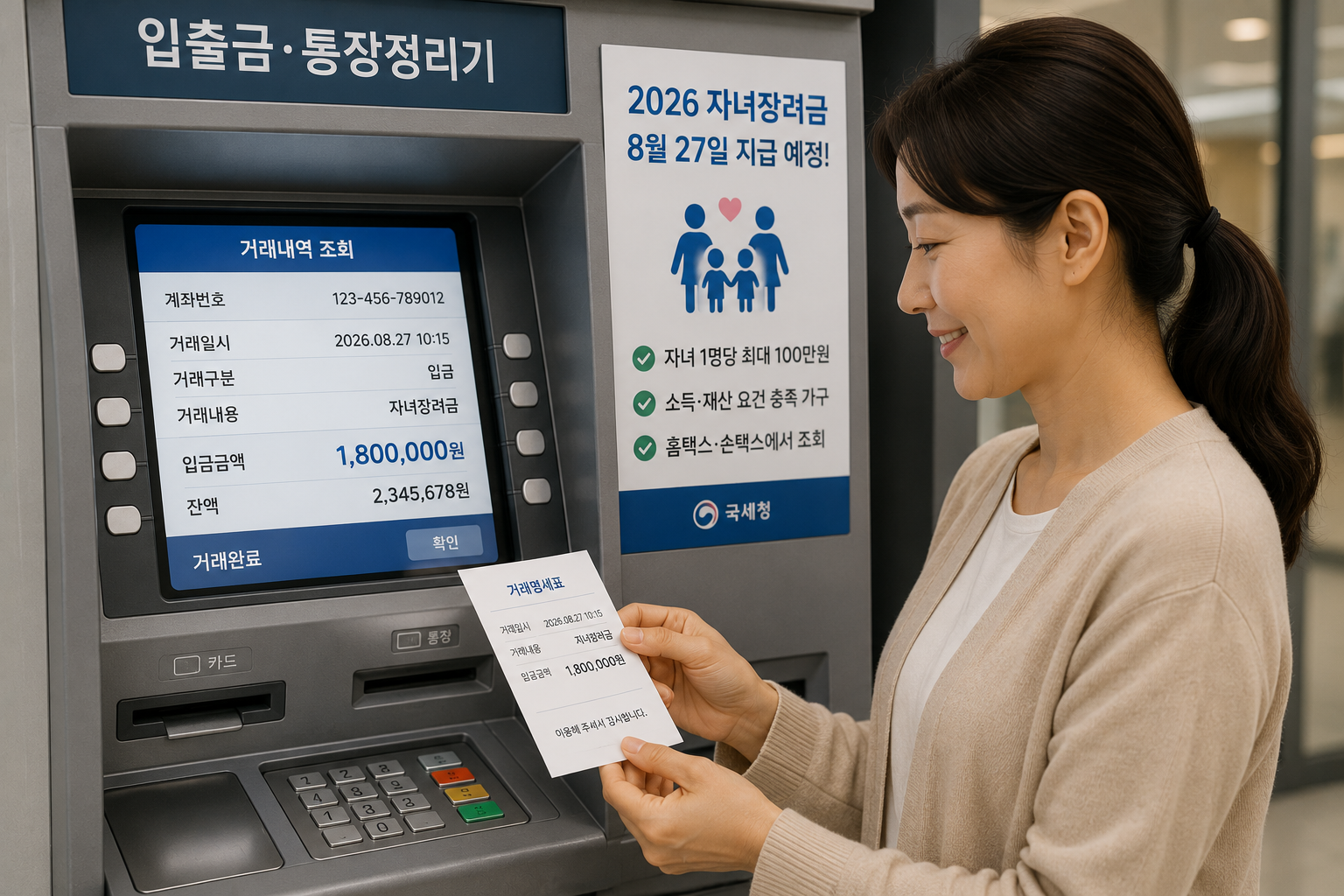 은행 ATM에서 장려금 입금내역을 확인하는 부모