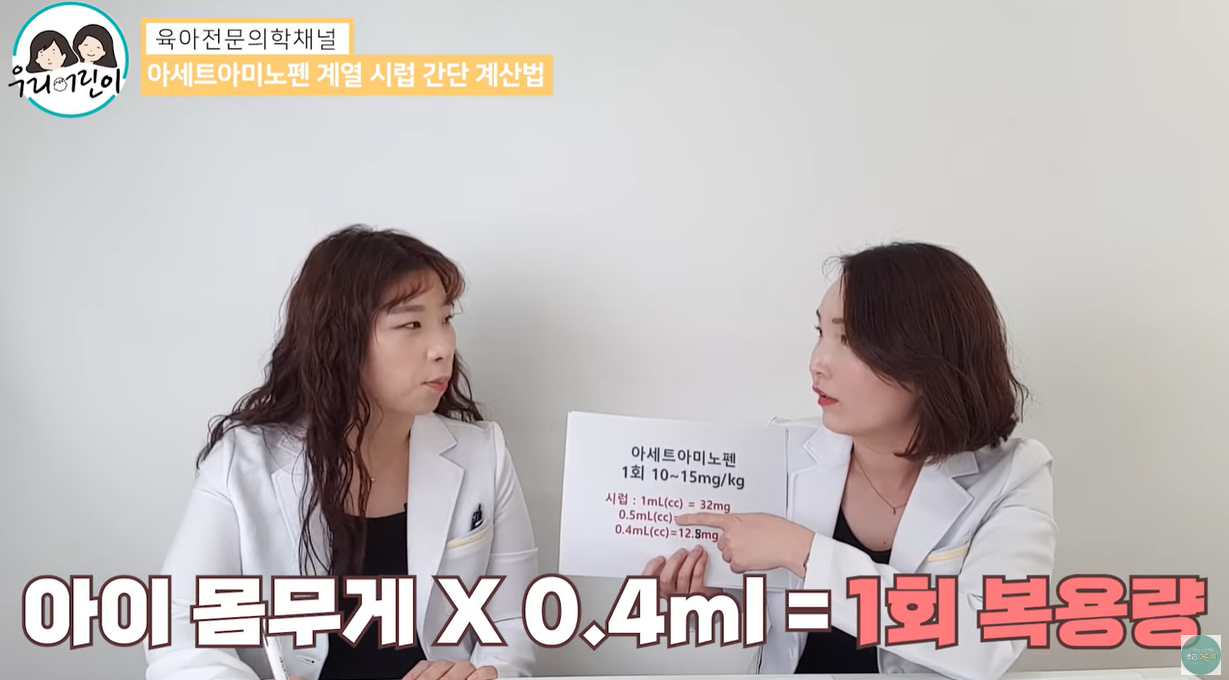 아세트아미노펜 용량 아이몸무게 x 0.4 = 1회 복용량
