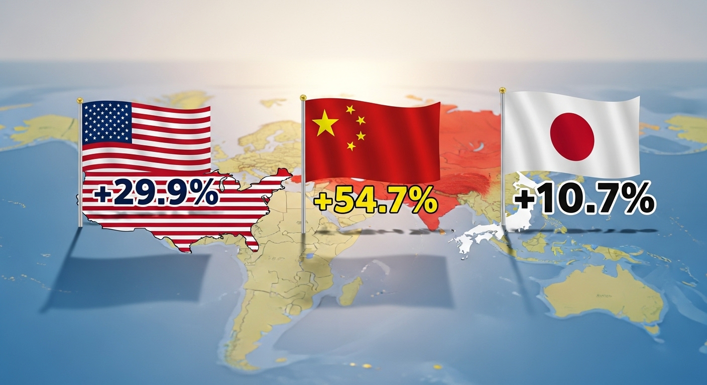 세계 지도 위에 미국, 중국, 일본 지역을 표시하고 각 수익률 깃발이 꽂혀 있는 이미지