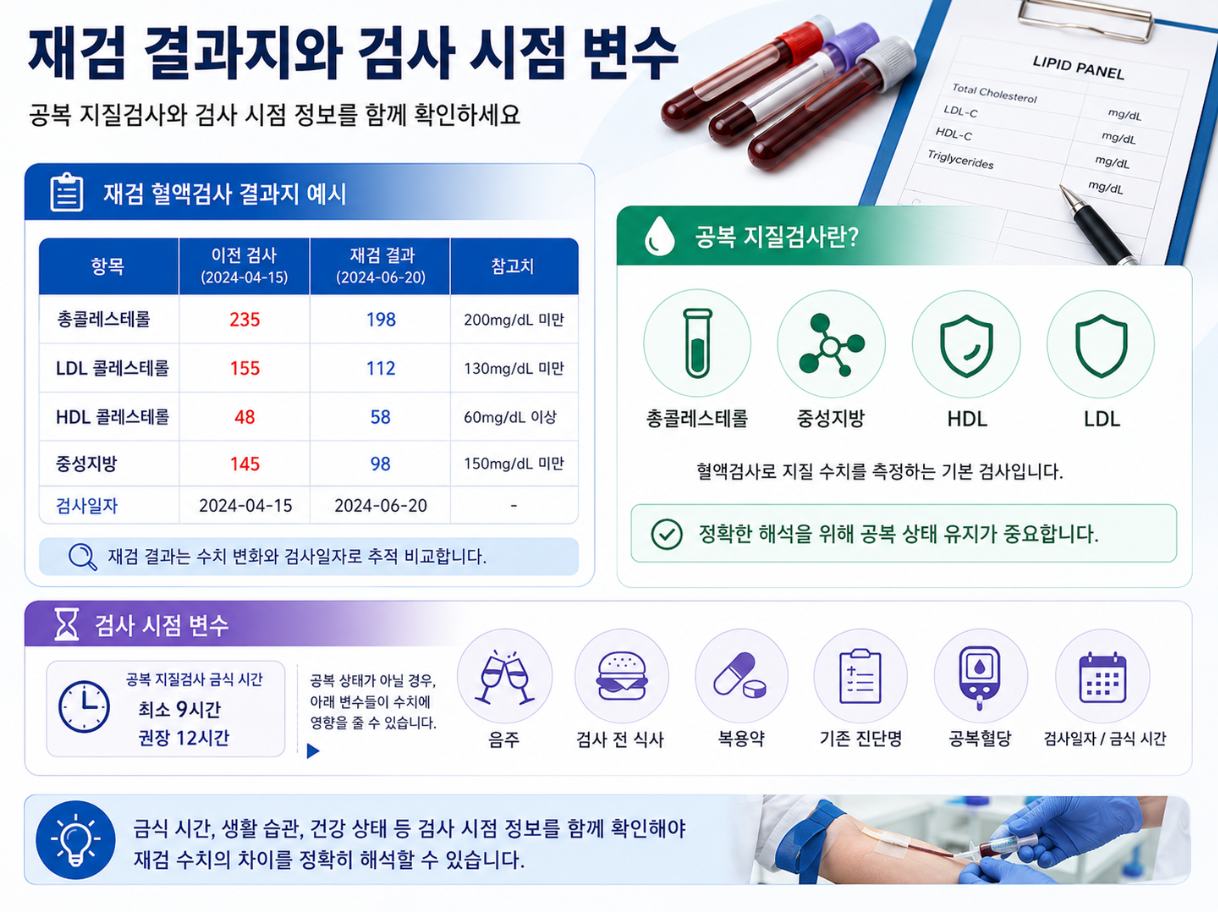 재검 혈액검사 결과지의 반복 수치와 검사일자, 금식 시간, 음주, 복용약 등 검사 시점 변수를 정리한 인포그래픽