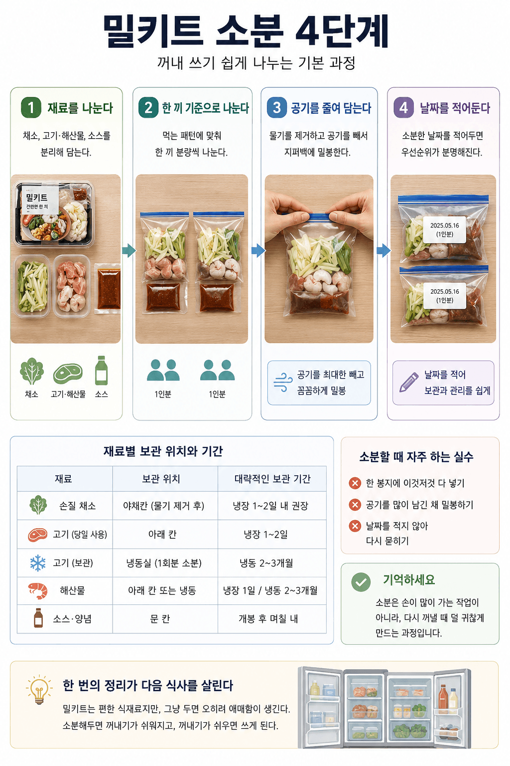 밀키트 소분 4단계와 재료별 보관 위치&middot;기간을 정리한 도식