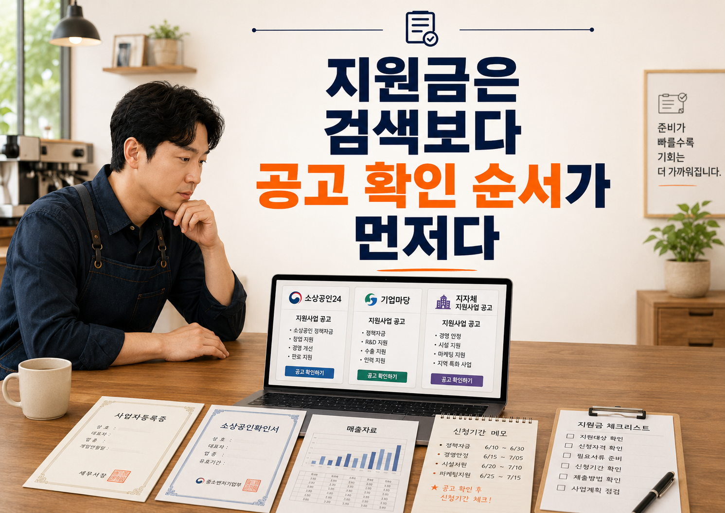 소상공인 사장님이 소상공인24와 기업마당, 지자체 공고를 확인하며 지원금 신청 가능 여부를 점검하는 모습