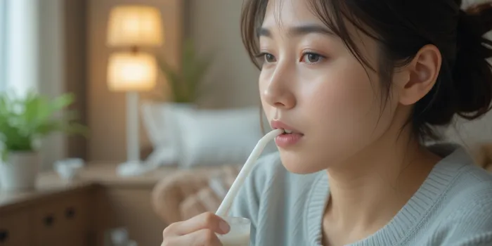 집에서 빨대로 대장내시경 약을 마시는 모습