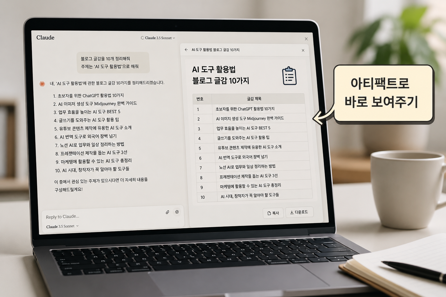 AI 대화창 옆에 결과물 화면이 함께 떠 있는 노트북 화면