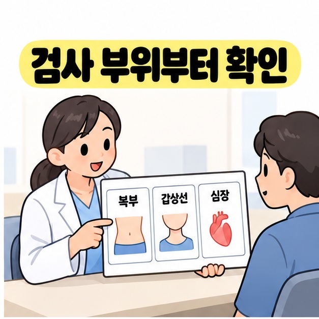 의료진이 복부와 갑상선, 심장으로 나눈 안내판을 보여주며 환자에게 검사 부위를 설명하는 그림
