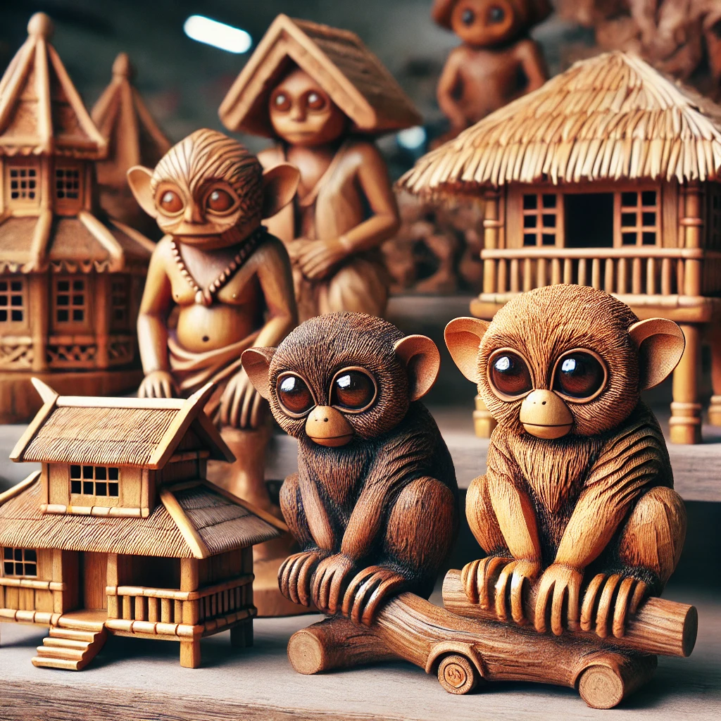 타르시어 원숭이 모양의 목각 인형과 전통 가옥 조각품이 나란히 놓인 모습