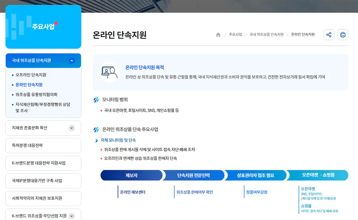 한국지식재산보호원-온라인-단속지원-안내-페이지-스크린샷