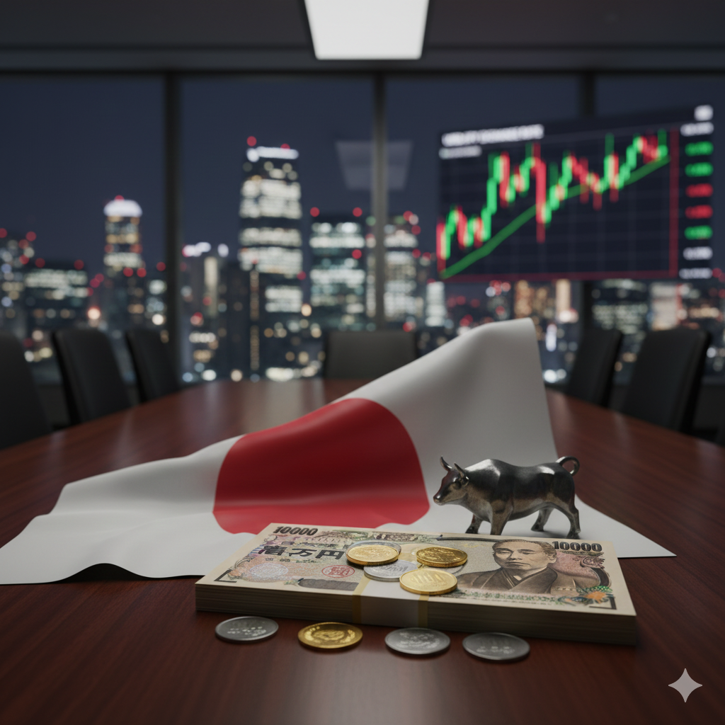 회의실 테이블 위에 일본 국기, 1만 엔 지폐 다발, 금&middot;은화, 엔화 동전, 그리고 상승 추세의 주식 차트가 보이는 황소 장식이 놓여 있다.