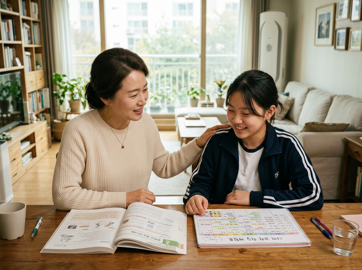 학부모와 학생이 다음 학기 과학 학습 계획을 함께 세우는 모습