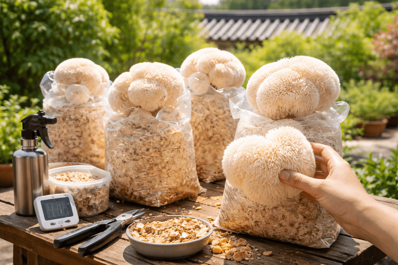 한국 가정 정원에서 톱밥 배지 봉투를 이용해 재배 중인 노루궁뎅이버섯을 손으로 수확하는 모습과 분무기 및 재배 도구가 함께 놓인 장면