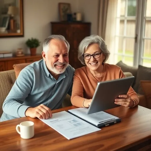 편안하고 아늑한 집 거실에서 50대 후반 부부가 테이블에 앉아 재무설계 서류나 태블릿을 보며 환하게 미소 짓고 있는 모습입니다. 은퇴 자금, 투자 포트폴리오, 주택 담보 대출 상환 계획 등을 점검하는 듯한 장면을 통해 재정적 안락함과 미래에 대한 희망을 느낄 수 있도록 표현합니다. 따뜻하고 안정적인 색감과 분위기를 강조합니다.