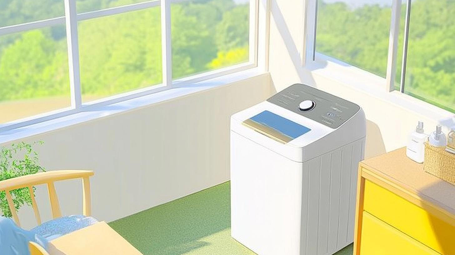 고급 세탁실에 설치된 현대적인 삼성 AI 세탁기의 현실적인 이미지로, 스마트 홈 연동과 친환경 디자인 요소가 돋보입니다.