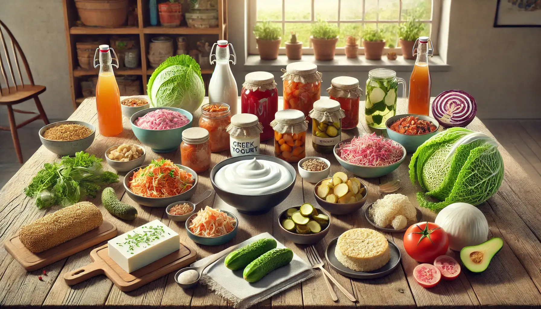 그릭 요거트, 김치, 사우어크라우트, 된장국, 콤부차, 케피르, 피클, 템페, 발효 야채 한 그릇