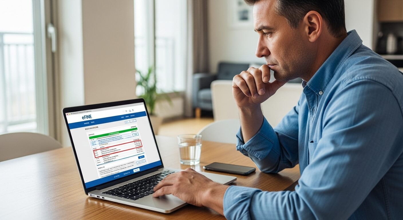 자택에서 노트북으로 범칙금 내역을 확인 중인 중년 남성