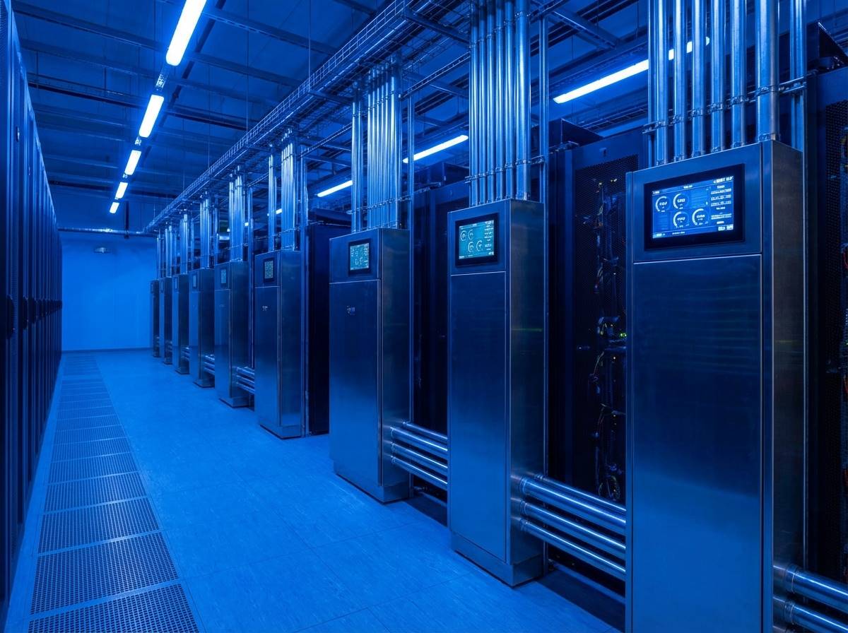 거대한 데이터센터 내부의 금속제 전력 배전반 설비들이 질서정연하게 배열된 모습