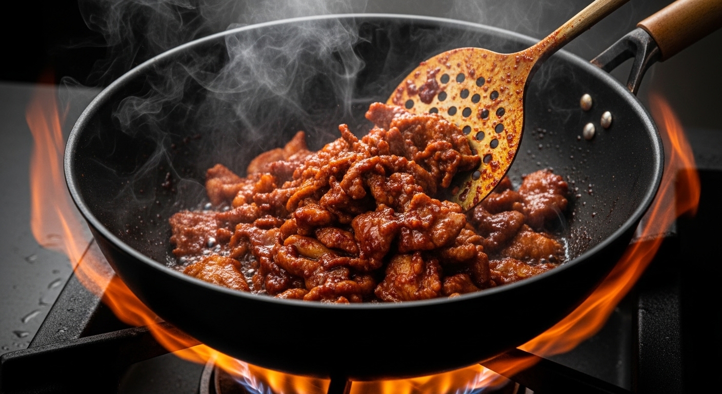 불맛을 내기 위해 웍에 제육볶음을 요리하고 있는 모습