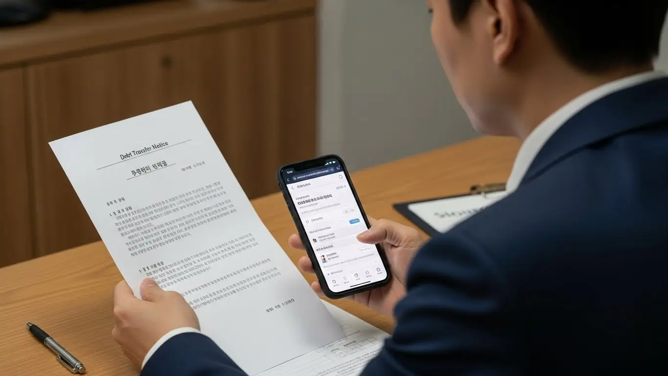 스마트폰으로 채권 양도 통지서를 확인하며 웰릭스 에프앤 아이 대부와의 관계를 파악하는 모습