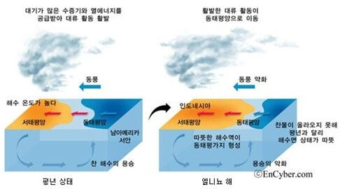 평년과 엘니뇨가 발생한 해의 차이를 보여주는 사진