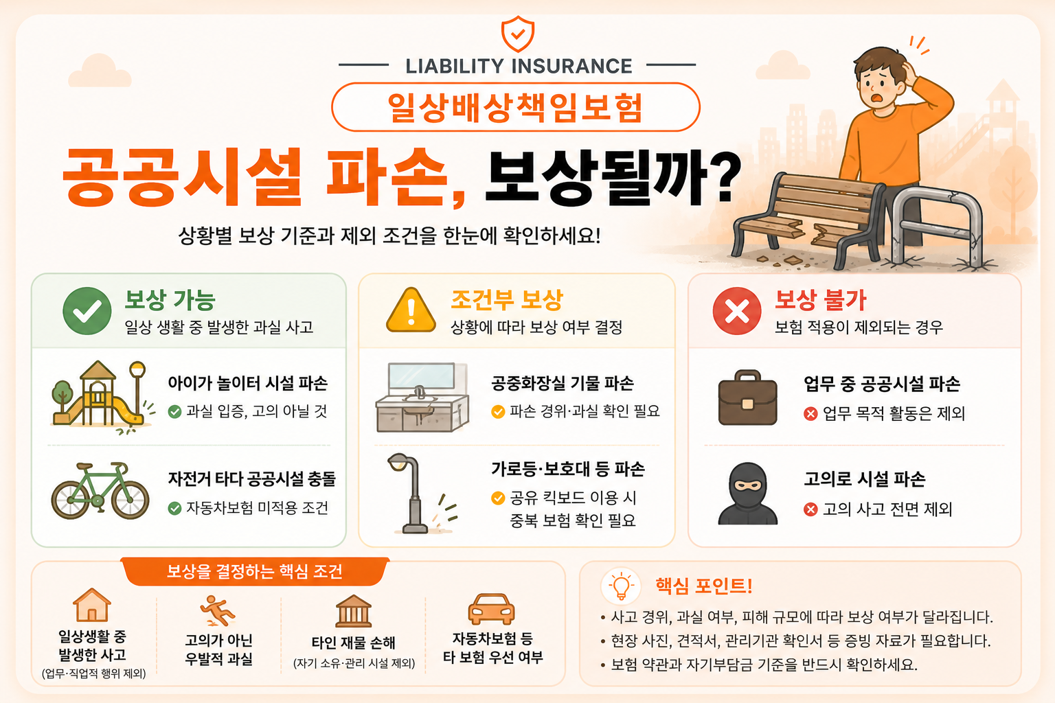 공공시설 파손 사고에서 일상배상책임보험 보상 여부를 판단하는 핵심 기준을 정리한 이미지