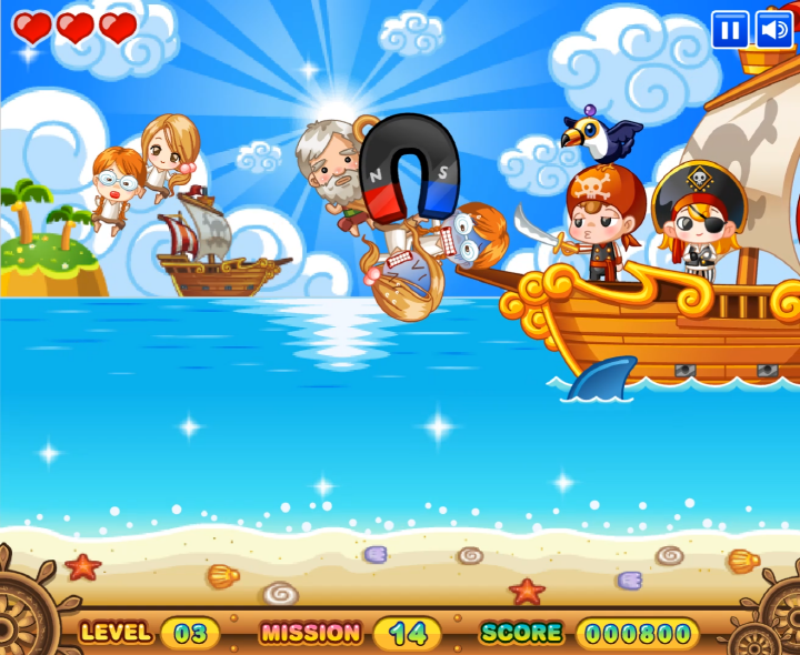 포로-구출-대소동-플래시게임-플레이-자석-아이템으로-두-사람을-끌어당겨-구출하는-화면