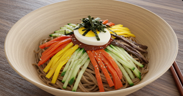 간장비빔국수가 그릇에 담겨 있다.