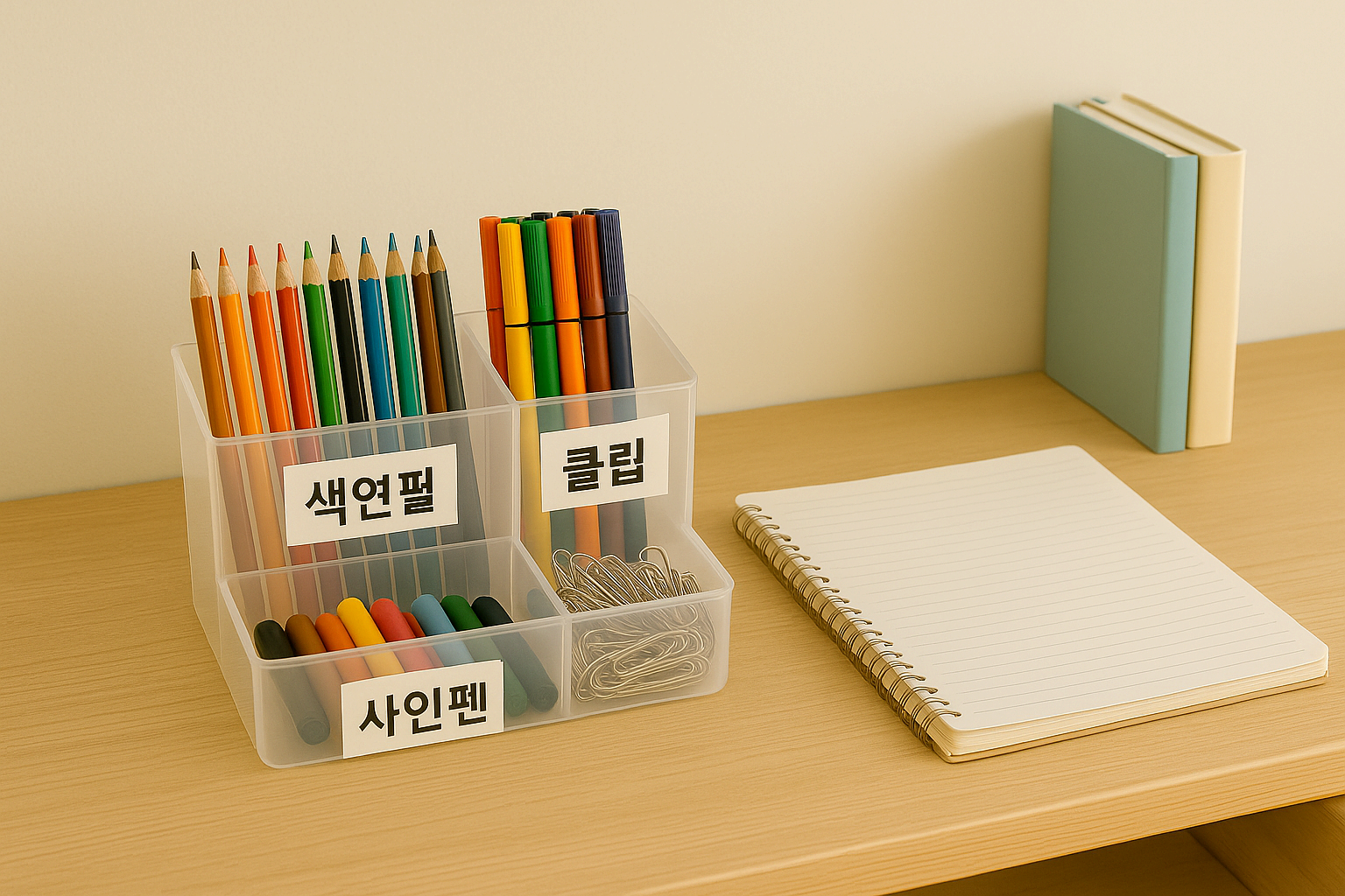 투명 수납함에 색연필과 학용품이 정리된 아이 공부방 책상