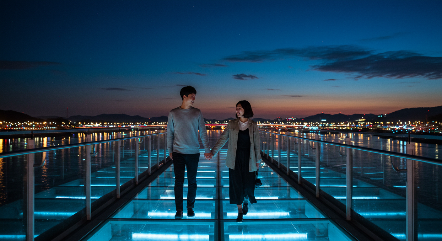 춘천 소양강 스카이워크에서 한국인 연인이 야경 조명 아래 걷는 모습
