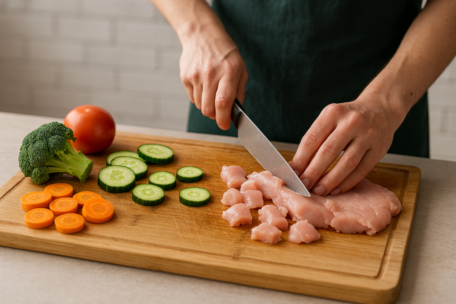 생고기와 채소를 같은 도마에서 손질하는 모습