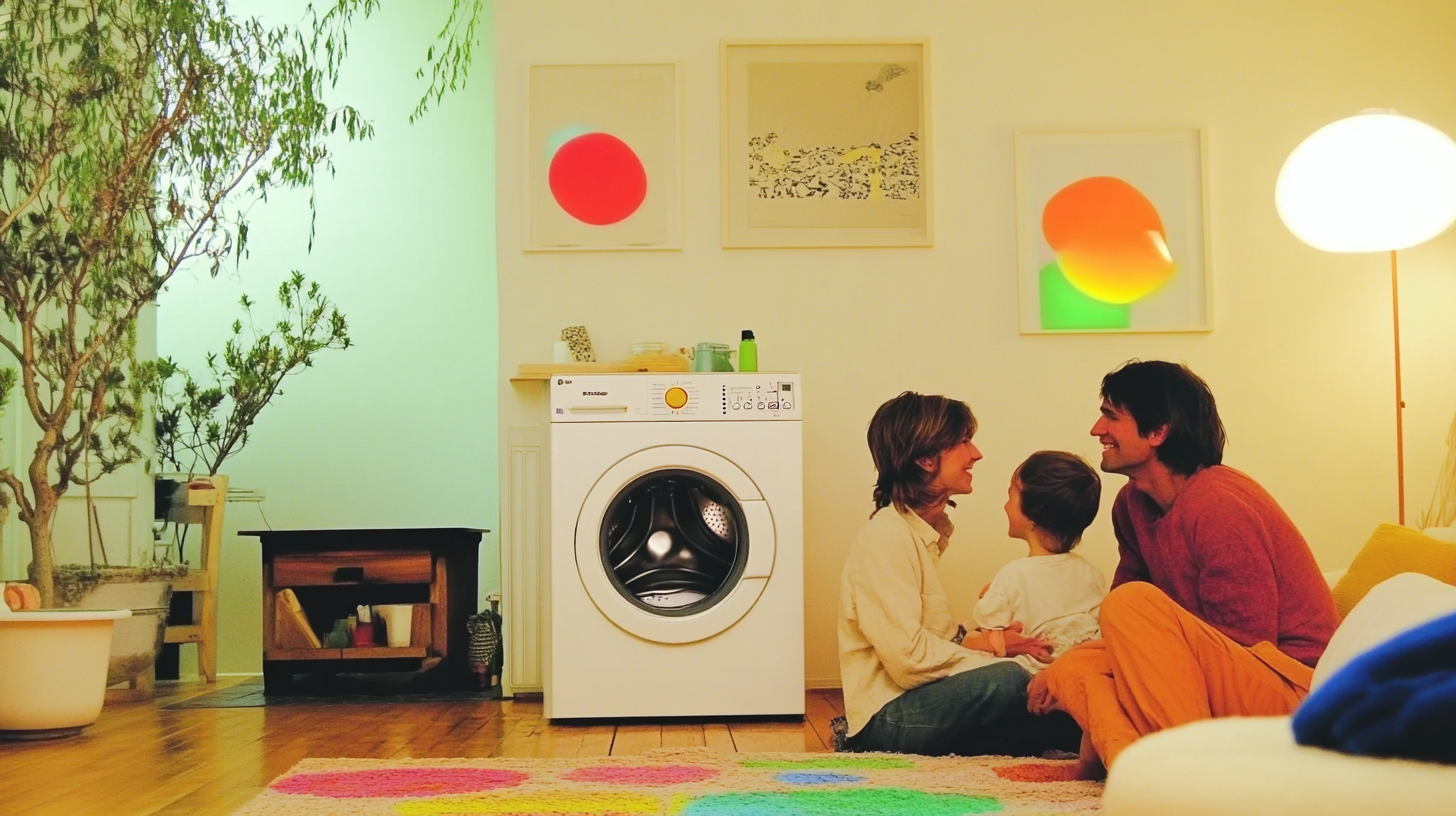 조용한 세탁기와 함께 아늑한 집에서 편안한 시간을 보내는 가족의 모습으로, 따뜻한 조명이 감성적인 분위기를 더합니다.