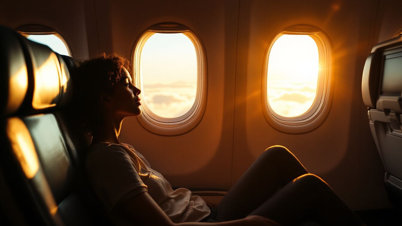비행기 창가 좌석에서 일몰을 바라보는 여성 여행자의 감성적인 순간