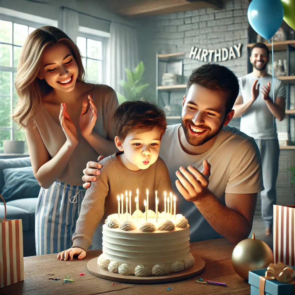 집에서 아이의 생일을 축하하는 가족의 모습. 아이는 케이크의 촛불을 끄고 있으며 부모는 옆에서 박수를 치며 웃고 있는&amp;#44; 즐겁고 따뜻한 분위기