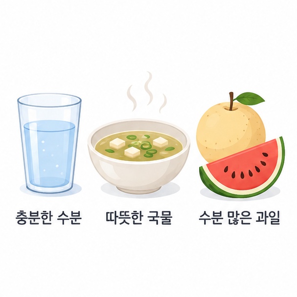 물과 맑은 국물, 배와 수박 등 가래가 있을 때 먹기 좋은 수분 많은 음식을 정리한 이미지