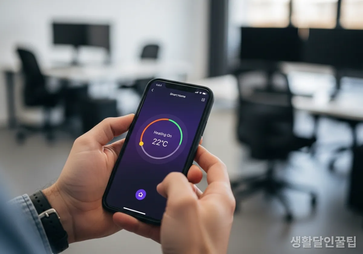 직장에서 스마트폰 앱으로 집안의 보일러 온도를 원격 제어하는 모습