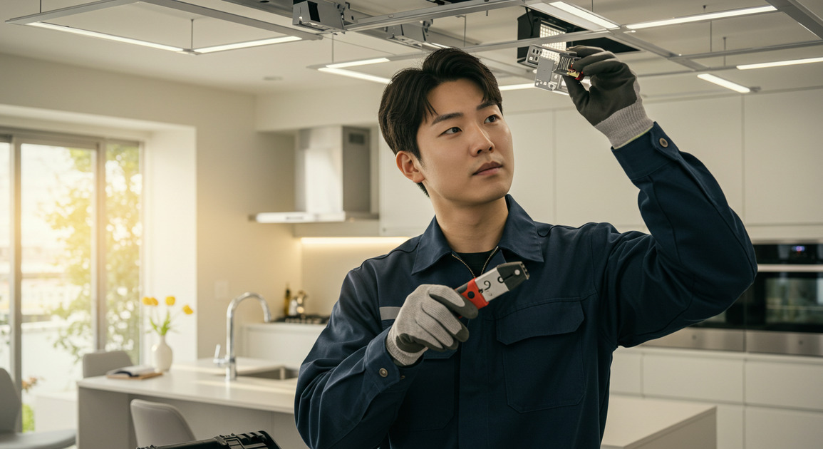 셀프 조명 설치하는 남성 이미지