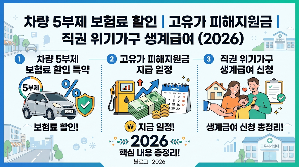 차량 5부제 보험료 할인 특약 출시, 고유가 피해지원금 지급 일정, 직권 위기가구 생계급여 신청 총정리 2026