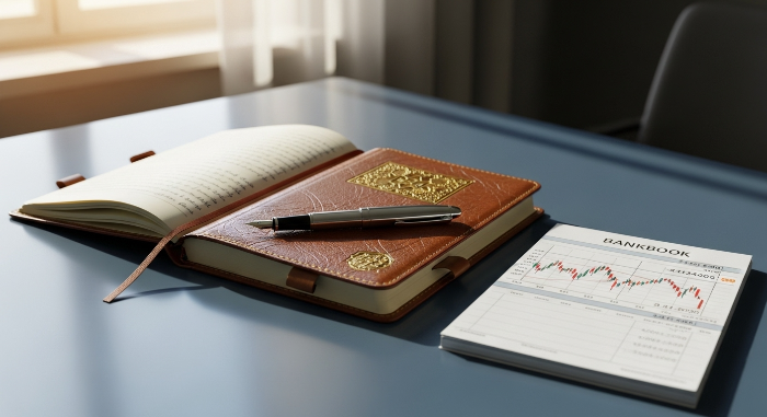 깔끔하고 세련된 블루/그레이 톤의 책상 위에 잘 정리된 다이어리, 만년필, 그리고 잔액이 표시된 통장(또는 주식 차트)이 놓여 있는 모습. 창문 밖으로 아침 햇살이 비추며 전문적이고 희망적인 분위기를 연출.