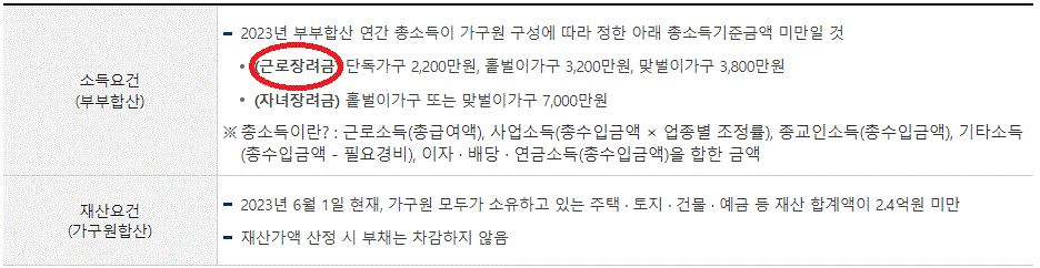 근로장려금의 신청 자격을 표시한 내용입니다.