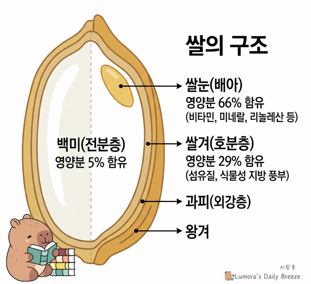 쌀눈의 영양성분과 구조를 이해하기 위한 이미지. 쌀의 왕겨, 과피, 쌀겨, 쌀눈 까지 영양성분을 표기한 이미지입니다.