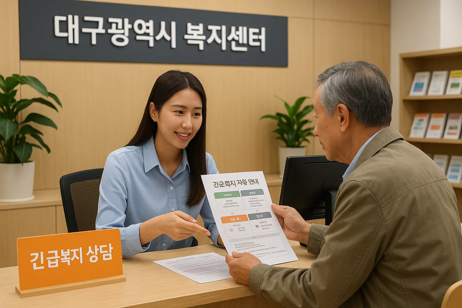 대구광역시 복지센터에서 담당자가 어르신에게 긴급복지 지원 안내서를 설명하는 모습