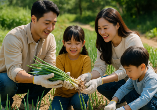 생태 놀이터에서 파 수확하며 즐거워하는 가족