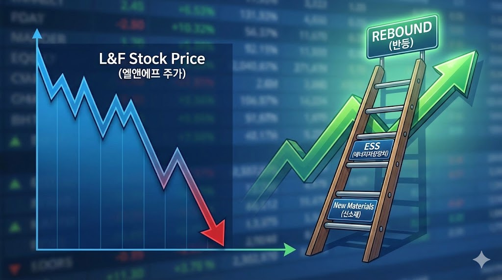 하락하는 파란색 주가 차트(엘앤에프) 옆에 'ESS', '신소재'라는 반등의 사다리가 놓여있는 일러스트