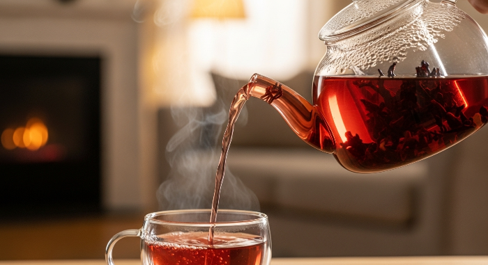 투명한 유리 티포트에서 붉은색의 히비스커스 차가 찻잔으로 따라지는 모습과 따뜻한 실내 배경