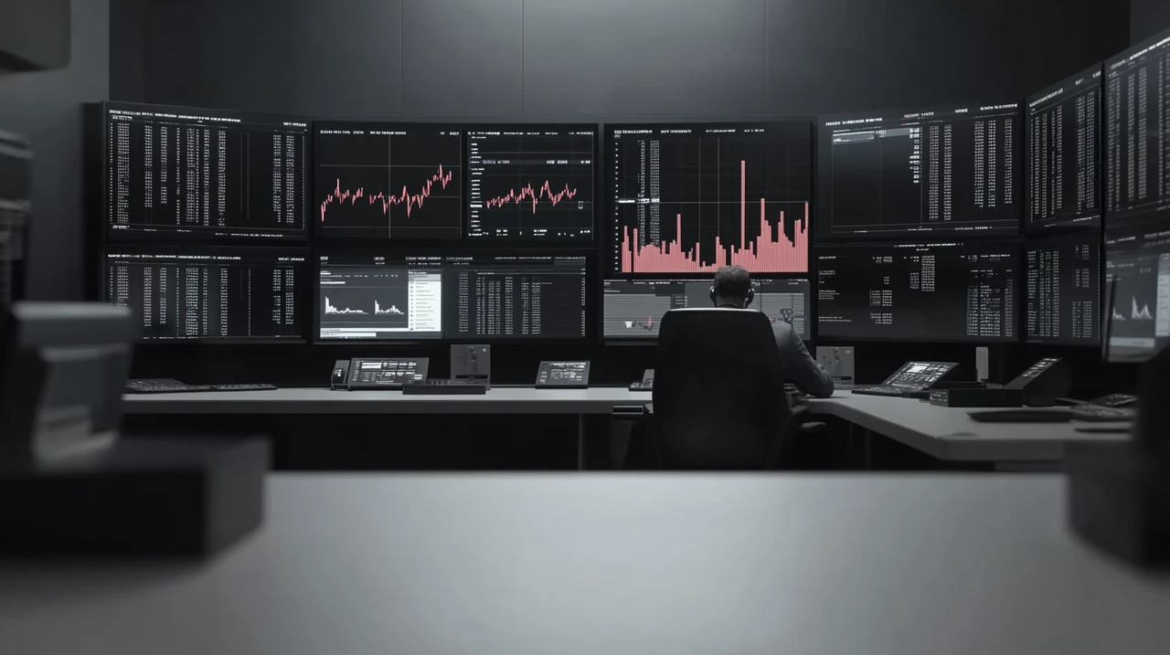 투자자들이 주식 시장 보고서를 깊이 있게 분석하며 집중하고 있는 모습, 화면에 움직이는 그래프와 수치가 금융 통찰력을 자극합니다.