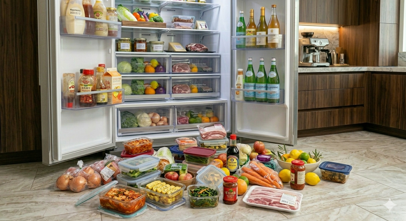 냉장고 앞 바닥에 꺼낸 식재료와 반찬통이 뒤섞여 놓여 있는 모습