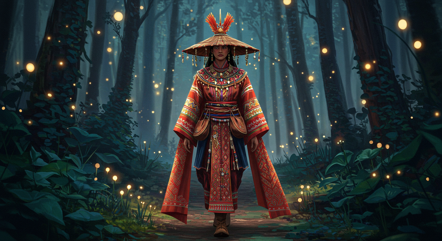 몽환적인 스타일을 가진 조연 캐릭터 : 독특한 패턴과 화려한 색상이 돋보이는 전통 복식 느낌