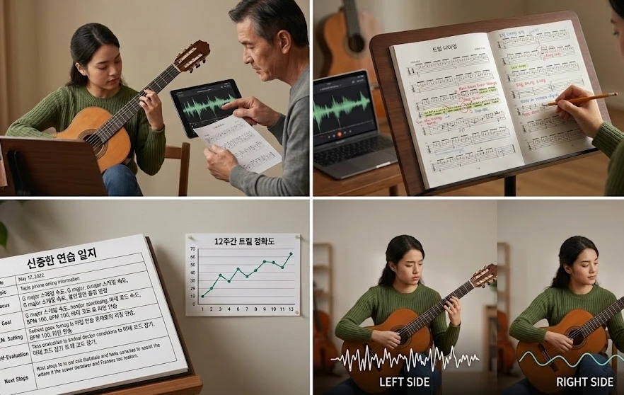 기타 연습 일지와 12주간의 정확도 그래프, 그리고 연주 파형을 노트북과 태블릿으로 분석하며 의도적 연습을 실천하고 있는 모습