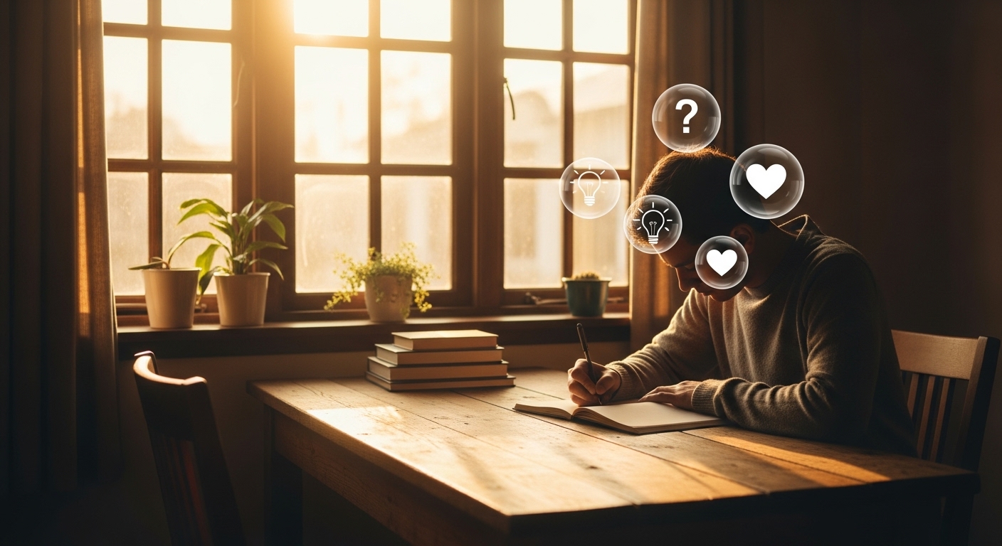 창가 책상에 앉아 햇살을 받으며 일기장에 무언가를 적고 있는 사람. 자기 성찰과 통찰의 과정을 나타내는 이미지.